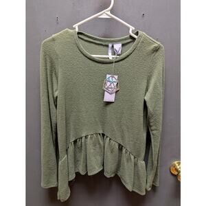 Good Luck Girl Girls' Large Green Long Sleeve Peplum Kerchief Hem Shirt Top